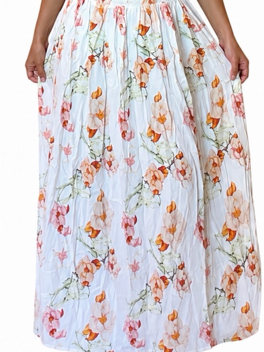 White Floral Maxi Skirt with Peach & Pink Blooms